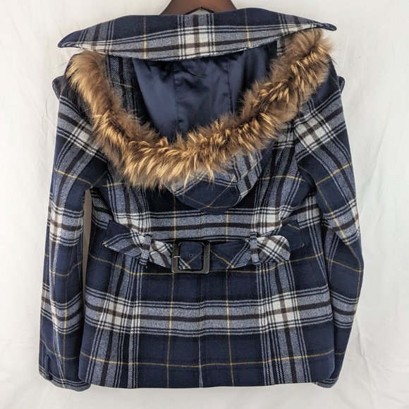 ELAND Navy Plaid Peacoat with Fur Hood Sz S - Picture 2 of 9